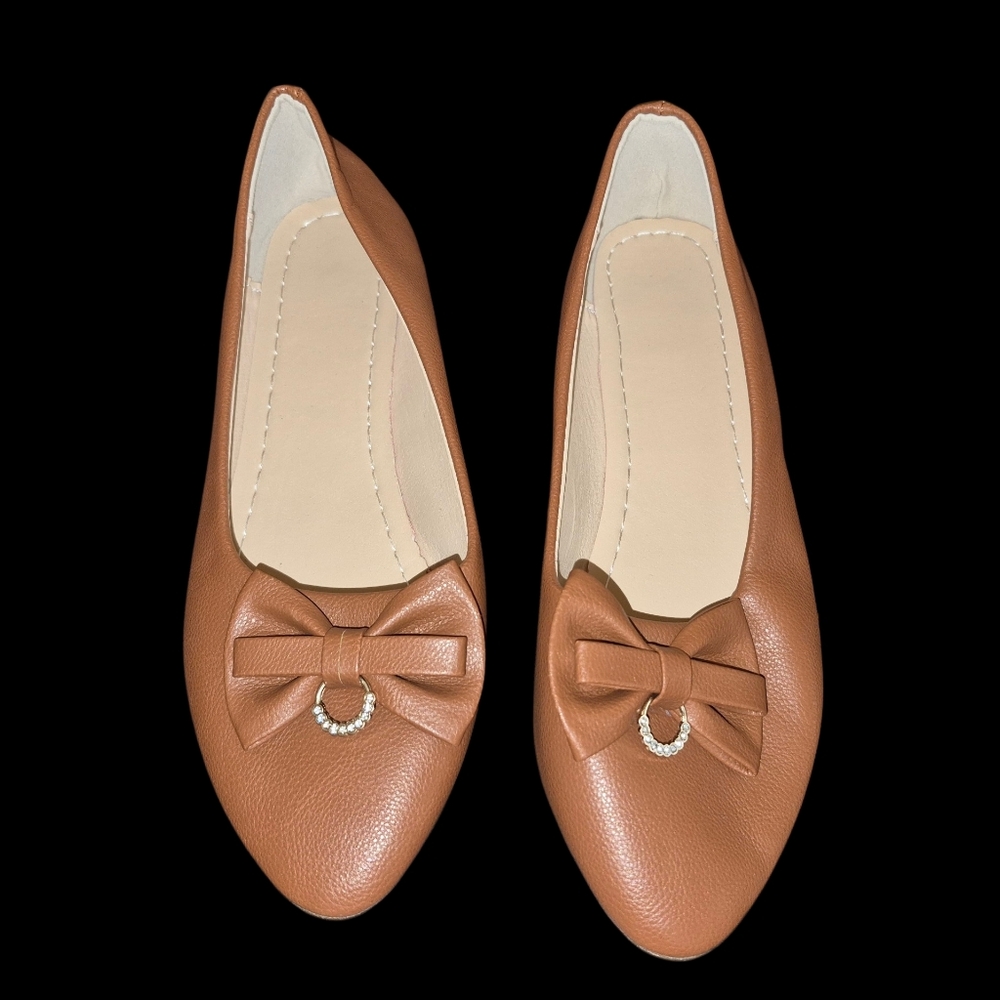 Bow-knot Pointed Toe Faux Leather Rhinestone Detail Ballet Flats Size 42